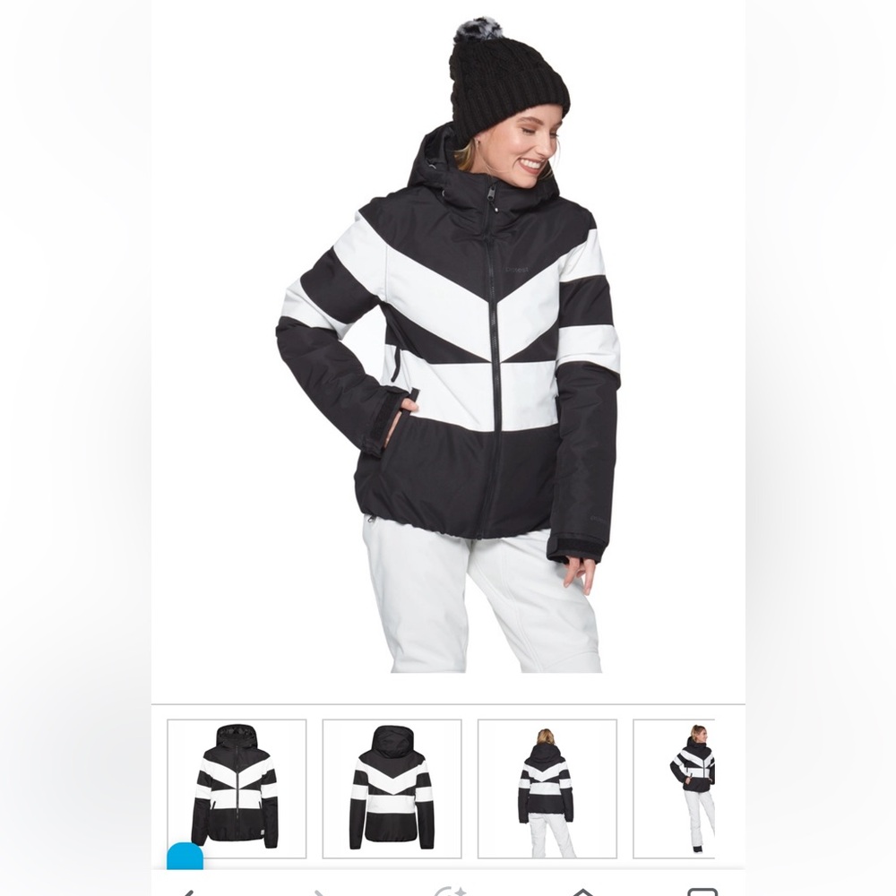 Women’s black and white ski jacket.